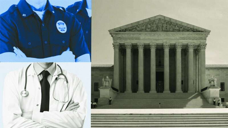 Composite image with a generic policeman in the top left corner, generic doctor in the bottom left corner, and a black and white photo of the Supreme Court building on the right. | Illustration: Lex Villena; Divanir4a, Andrea De Martin | Dreamstime.com