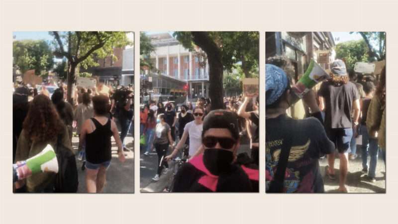Screenshots from a cellphone video of protesters. | Illustration: Lex Villena; Jana Katsuyama 