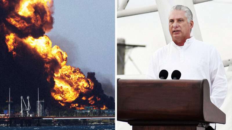 On the left, a storage container full of oil explodes in Matanzas, Cuba. On the right, Cuban President MIguel Díaz-Canel, a graying white man wearing a white shirt, gives a speech at a podium