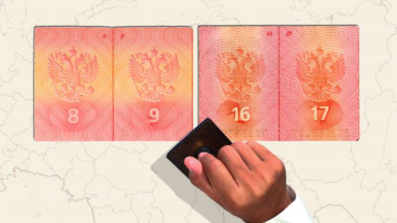 A hand holds a stamp over two Russian passports and a map of Russia | Illustration: Lex Villena; Bizhan, LLPDS