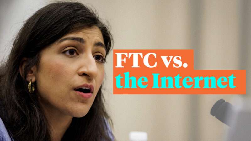 Lina Khan speaking at a hearing, with an added illustration bearing the words "FTC vs. the Internet" | Samuel Corum / CNP / SplashNews/Newscom