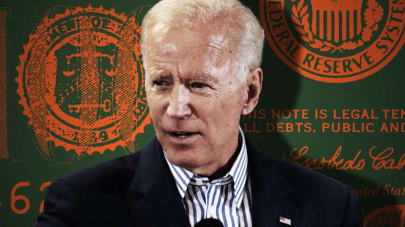 Headshot of President Joe Biden overlaid on a green background with orange money seals