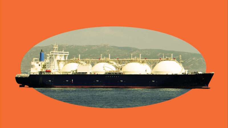 A tanker ship carrying liquid natural gas overlaid on an orange background | Illustration: Lex Villena; Oleksandr Kalinichenko | Dreamstime.com