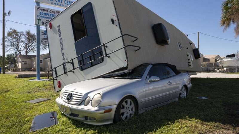 Trailer crushes Mercedes during Hurricane Ian