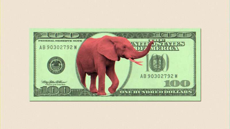GOP elephant is seen with a $100 bill | Illustration: Lex Villena; Mirith