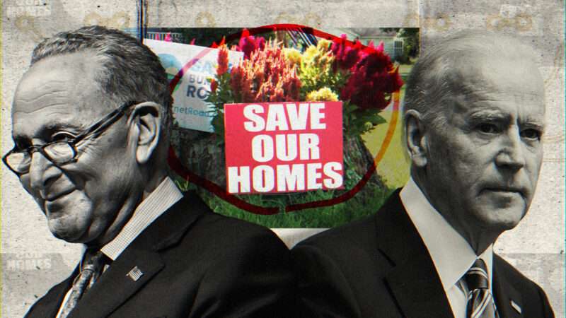 Politicians including Chuck Schumer and Joe Biden are responsible for bullying homeowners off their land near Syracuse, New York, to clear the way for a massive new semiconductor manufacturing plant. | Illustration: Lex Villena; Laurence Agron, Palinchak