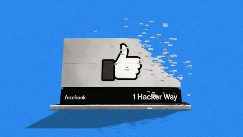 The Facebook HQ sign crumbles away. | Illustration: Lex Villena; Boarding1now