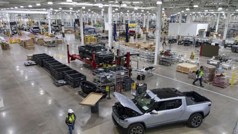 An overhead view of the assembly line at the Rivian auto plant in Normal, Illinois. | Brian Cassella/TNS/Newscom