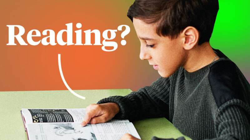 a child looks at a book on a desk with an orange and green background and the word Reading? in white