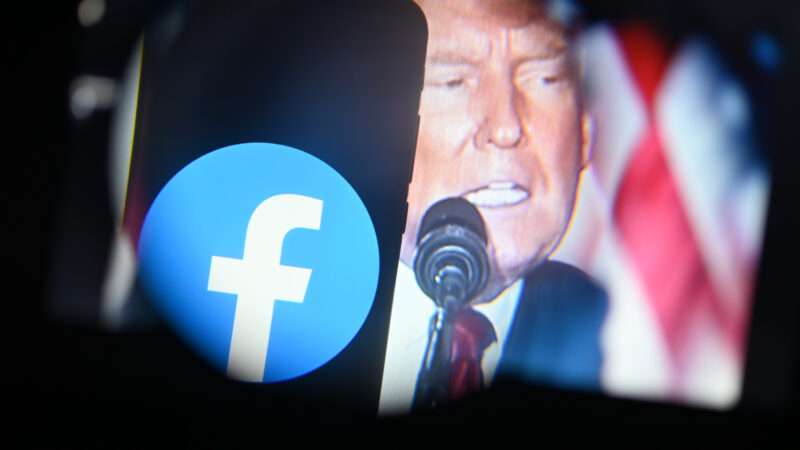 Facebook logo next to picture of Donald Trump