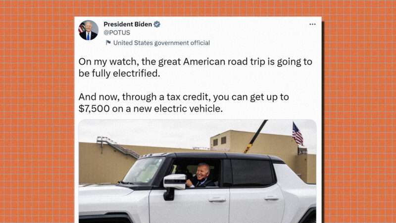 A tweet from President Joe Biden reading "On my watch, the great American road trip is going to be fully electrified. And now, through a tax credit, you can get up to $7,500 on a new electric vehicle," on an orange background. | Illustration: Lex Villena; U.S. Government