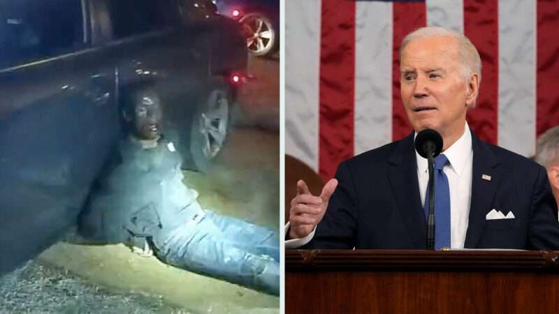 Tyre Nichols is seen on the left after Memphis police beat him, Joe Biden is seen on the right during his State of the Union address | Memphis Police Department; Jacqueline Martin - Pool via CNP / MEGA / Newscom/RSSIL/Newscom