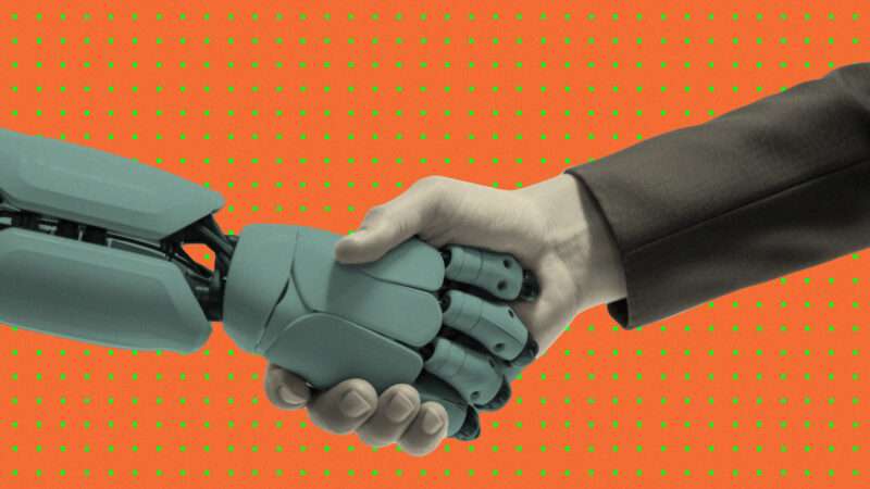 Robot shakes hands with Human | Illustration: Lex Villena; stockeraxel/Newscom