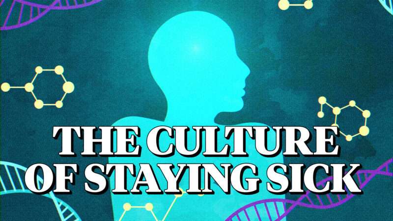 A glowing blue figure of a person against a multi-colored background representing illness with the words 'The Culture of Staying Sick' in all caps