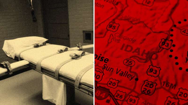 A bed in an execution chamber next to a red-tinted map of Idaho | TCJD/ MEGA / Newscom; Illustration: Lex Villena