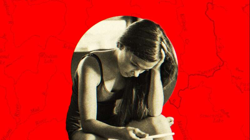 Girl looking at a pregnancy test with a red background. | Illustration: Lex Villena; Tim Evanson