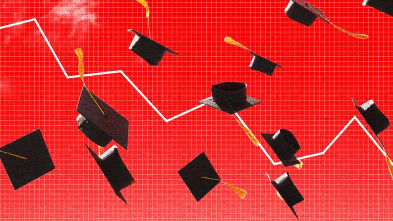 Red background with black graduation caps falling