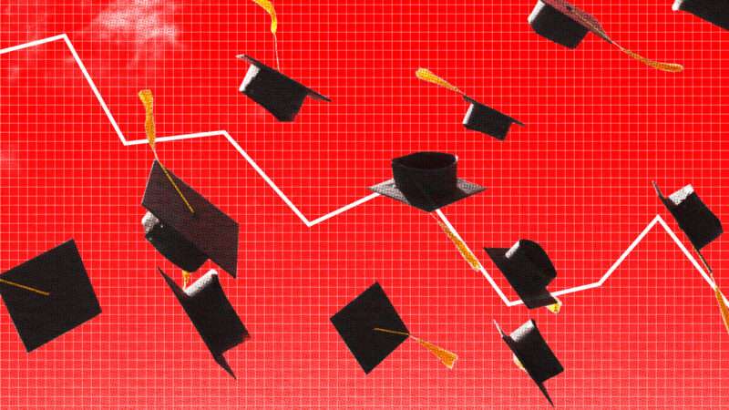 Red background with black graduation caps falling | Illustration: Lex Villena