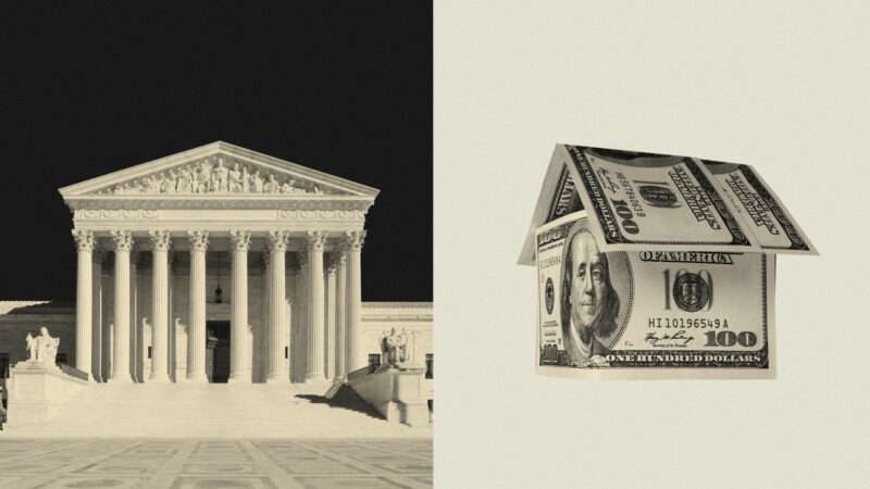 The Supreme Court is seen next to a house made out of money