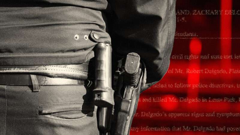 Police officer with gun. Red background. | Illustration: Lex Villena