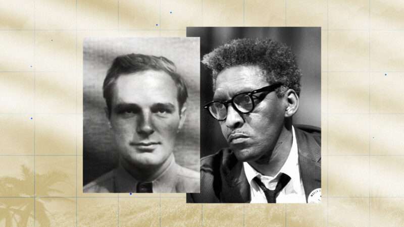 Black and white photos of David Dellinger and Bayard Rustin on a tan and white streaked background