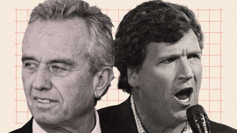 Black and white headshots of RFK Jr. on the left and Tucker Carlson on the right on top of a tan and red grid background