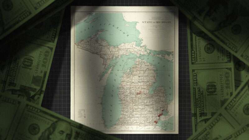 A map of the state of Michigan surrounded by money. | Illustration: Lex Villena; Boston Public Library