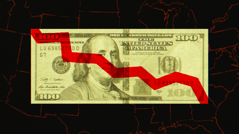 A $100 bill in front of a map of the U.S., with a declining line graph superimposed on top. | Illustration: Lex Villena; Ljubisa Sujica