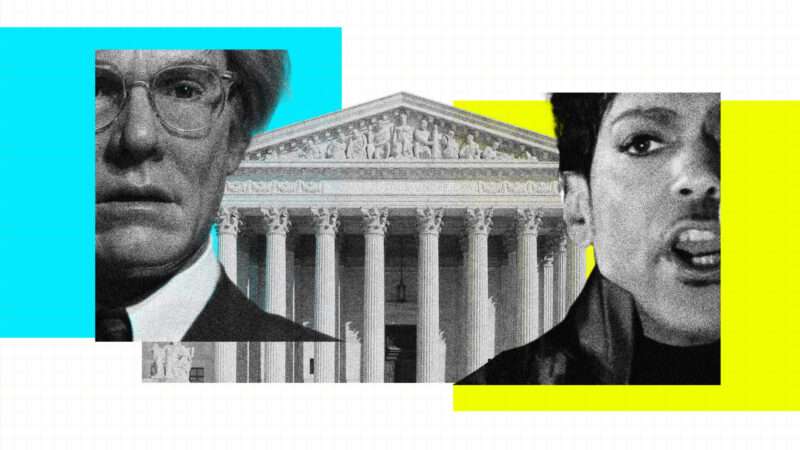 Portraits of Andy Warhol, Prince, and the Supreme Court building.