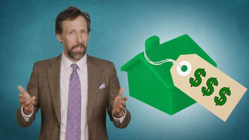 Andrew Heaton on a blue background next to a green Monopoly style house with a price tag