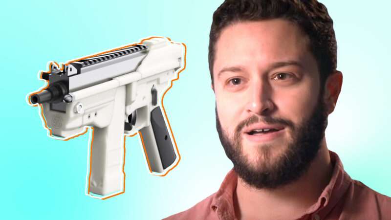 Headshot of Cody Wilson on a blue ombre background next to a printed gun