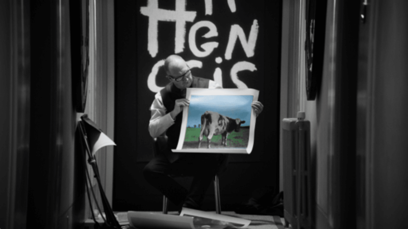 A man is shown holding a picture of a cow