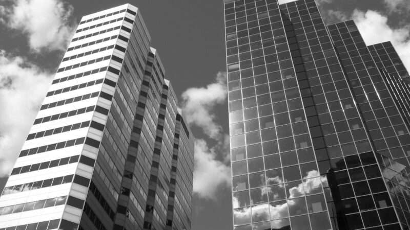A black and white photo of skyscrapers