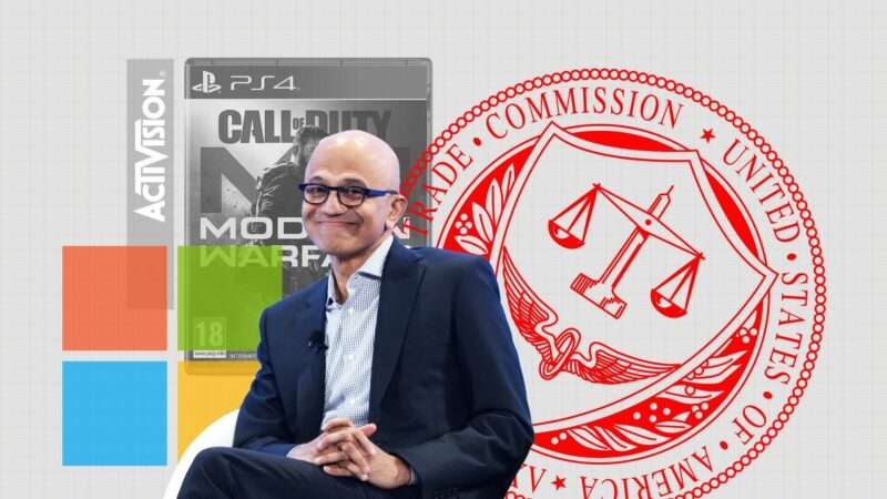 A light gray background with the Microsoft logo, a picture of Microsoft CEO and Chair Satya Nadella, the FTC logo, and the logo for Call of Duty