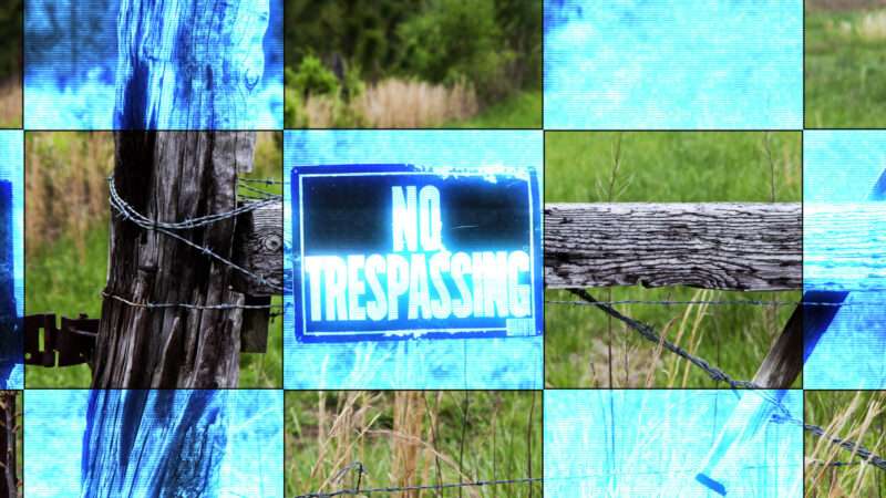 Wood and wire fence on a farm with a No Trespassing sign, as seen through a camera. | Illustration: Lex Villena; Heather Reeder
