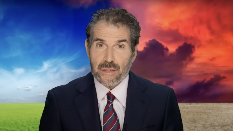 John Stossel is seen in front of blue and red skies