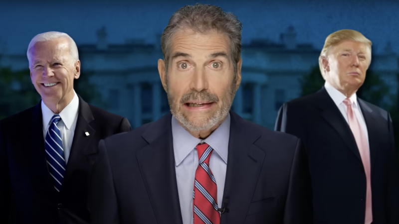 John Stossel is seen in front of a blue tinted image of the White House with a photo of Joe Biden to his left and a photo of and Donald Trump to his right | Stossel TV