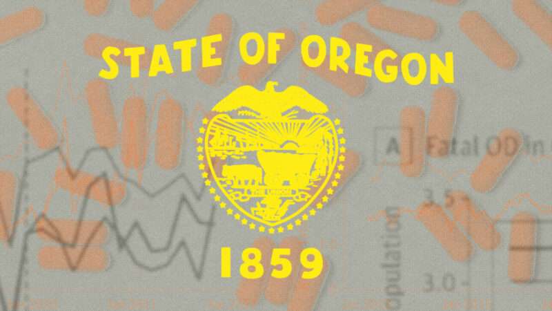 The state of Oregon's logo and founding year in yellow over a background of orange pills and graph paper | Illustration: Lex Villena