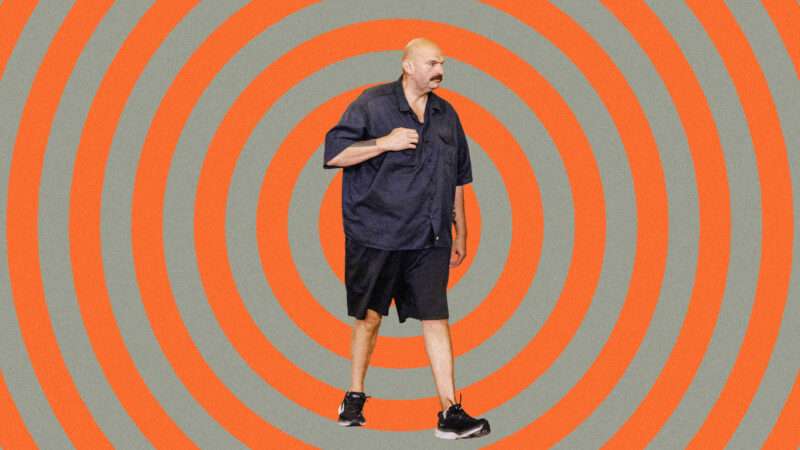 John Fetterman wearing Carhartt shirt and shorts against circles. | Lex Villena; TASOS KATOPODIS