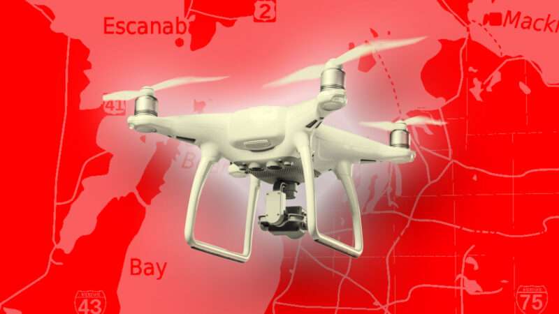 A consumer drone against the backdrop of a map of Michigan. | Illustration: Lex Villena; Pojoslaw