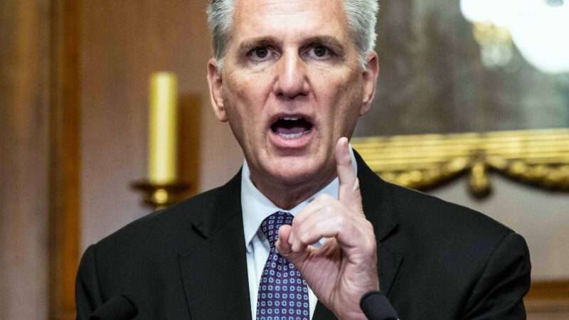 House Speaker Kevin McCarthy points finger during a speech at lectern | Michael Brochstein/ZUMAPRESS/Newscom