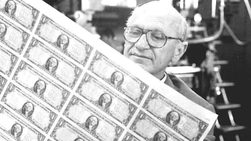 Milton Friedman next to a sheet of American dollar bills | Farrar, Straus and Giroux