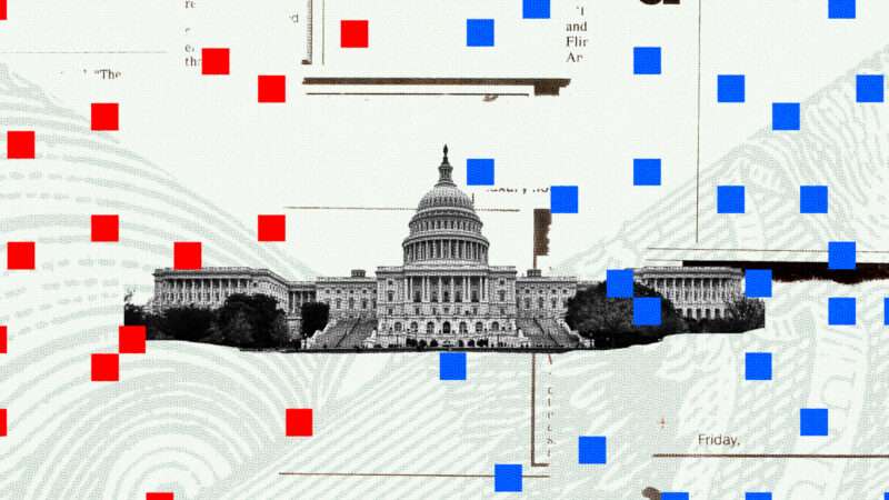 The U.S. Capitol is seen surrounded by red and blue squares for the Republican and Democratic Party | Illustration: Lex Villena; Olivier Le Queinec