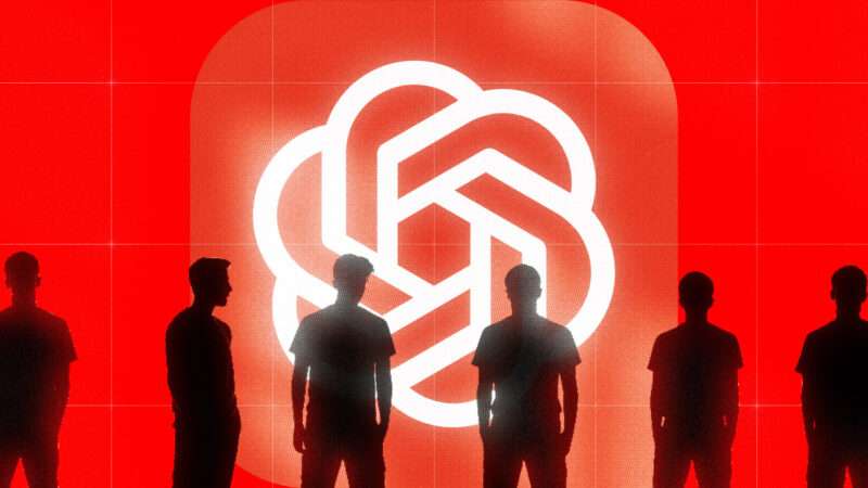Silhouettes in front of a red background and the OpenAI logo | Illustration: Lex Villena; Midjourney