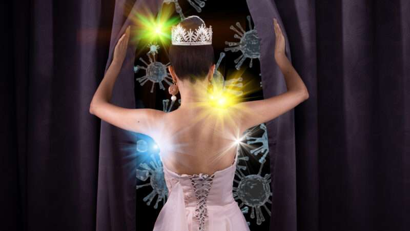 A beauty pageant winner, shot from behind, steps out onstage from behind a curtain. | Nattawat Chearananta | Dreamstime.com