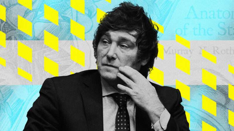 Javier Milei, new libertarian-leaning president of Argentina, against a yellow and blue background. | Lex Villena; Manuel Cortina / SOPA Images/Sip/Newscom