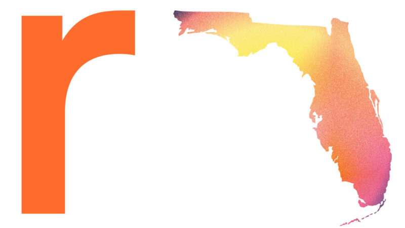 Reason magazine 'r' logo on the left with an orange and yellow gradient outline of Florida on the right against a white background | Illustration: Joanna Andreasson