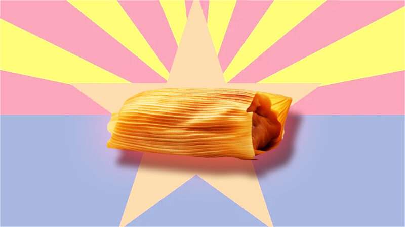 A tamale pictured in front of the Arizona state flag | Illustration: Lex Villena