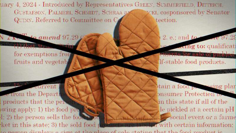 A pair of crossed-out oven mitts pictured over Wisconsin bill text | Illustration: Lex Villena