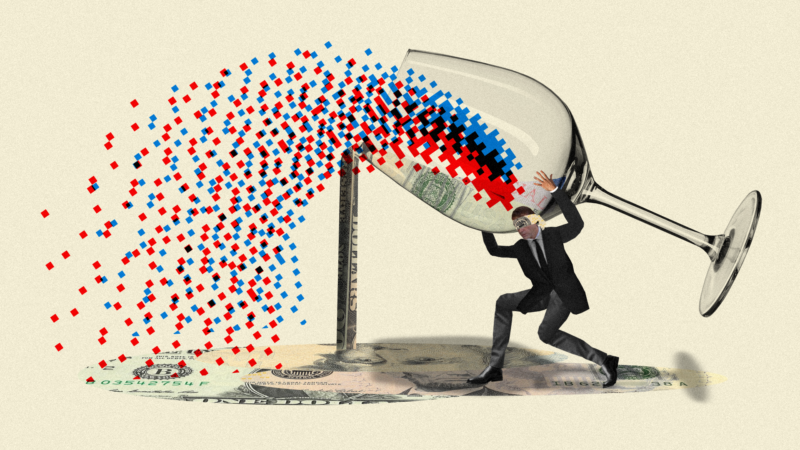 A man is seen holding up a wine glass with red and blue specks falling out | Illustration: Lex Villena